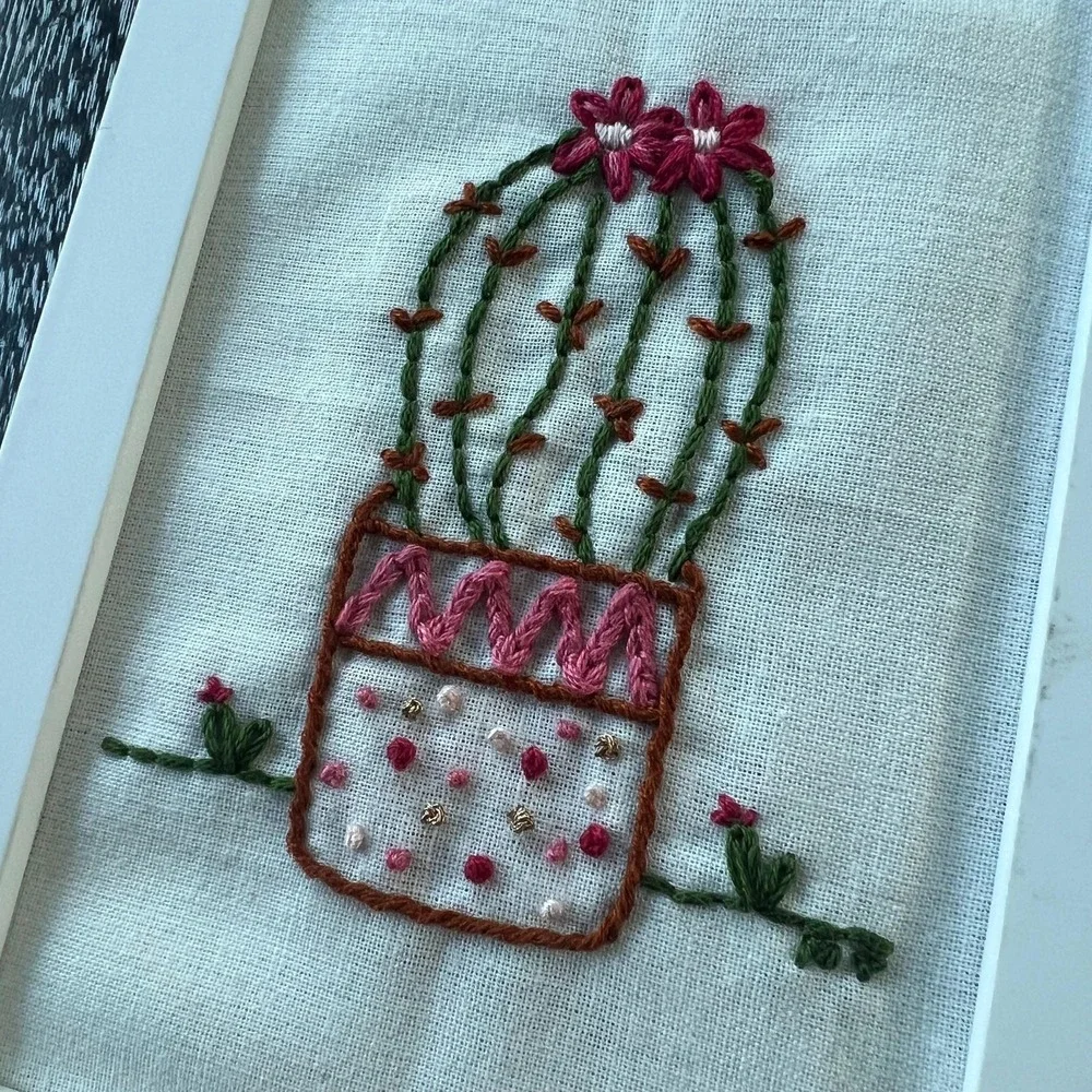 Sweet‎ hand embroidered cactus flower framed
